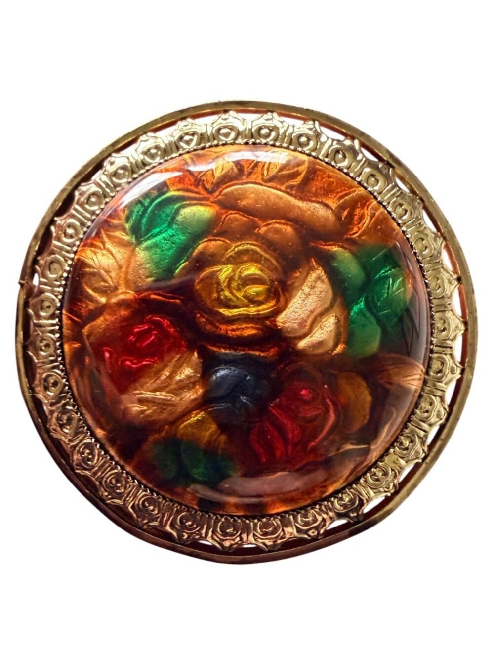 Vintage Reverse Carved Lucite Brooch Gold Tone Floral Pin 1950s New Old Stock
